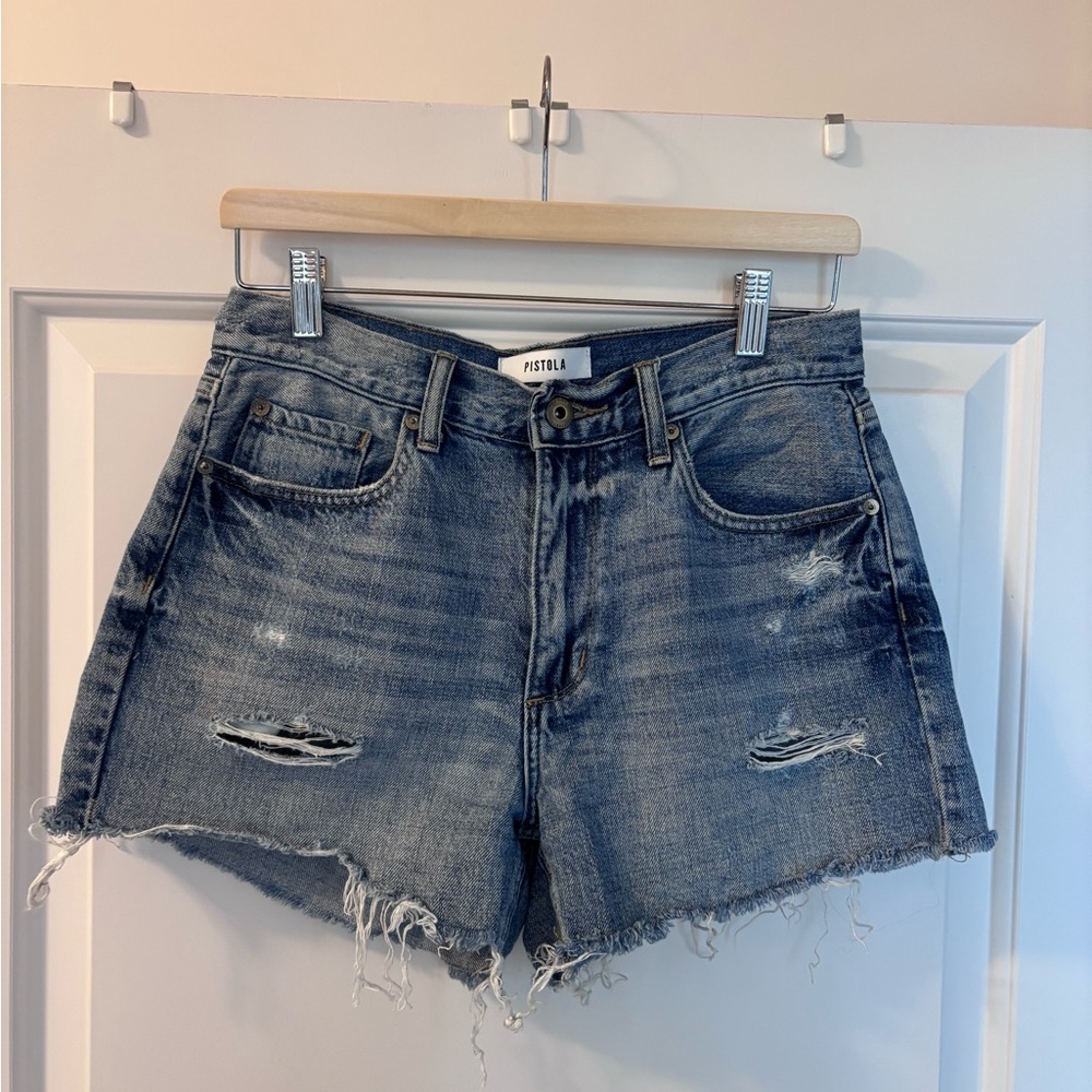 pistola Distressed Light Blue Denim Jean Shorts
